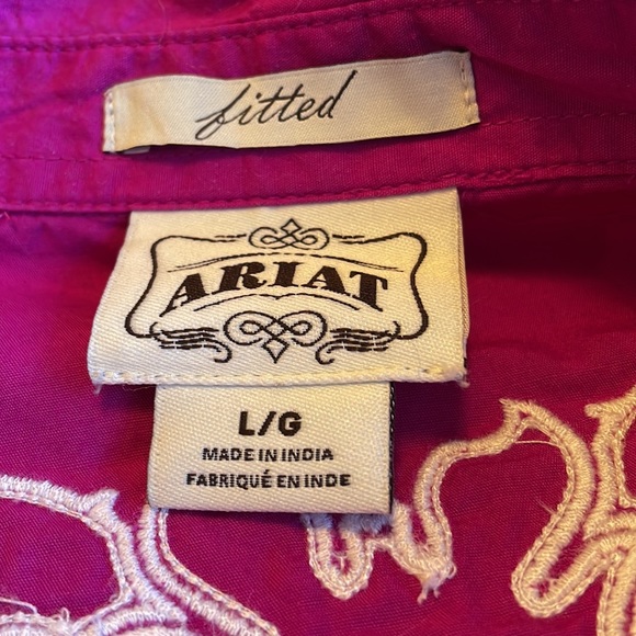 Ariat Western Shirt Fuchsia Pink 100% Cotton Embroidered Studded Snaps - Picture 10 of 12